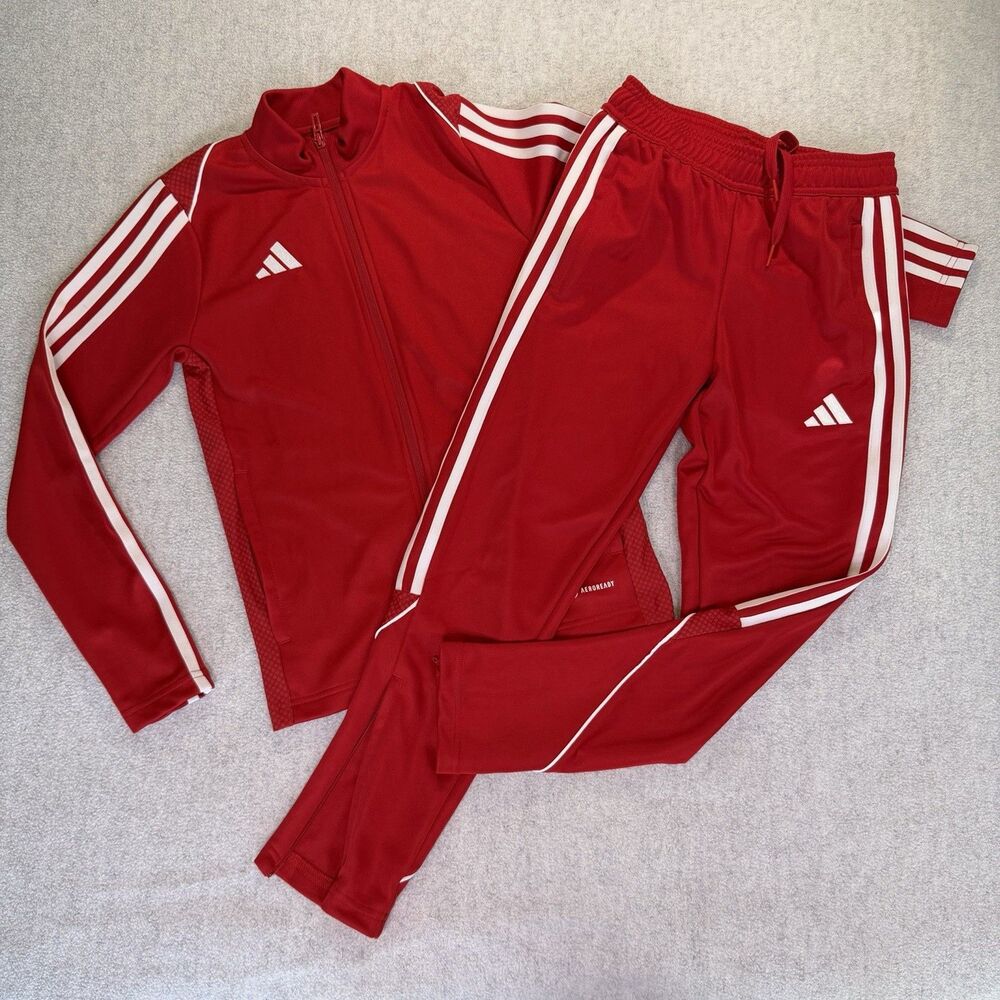 adidas Youth Soccer Warm Up Set Red 3 Stripe AEROREADY Jacket 11-12Y Pants 9-10Y